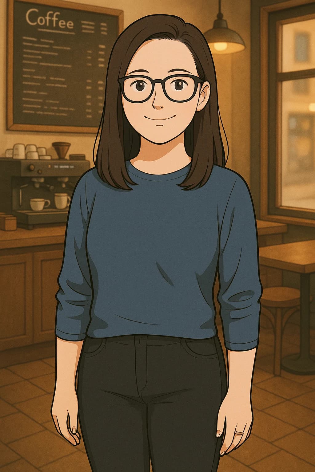 Illustrated portrait of Lacey in a coffee shop